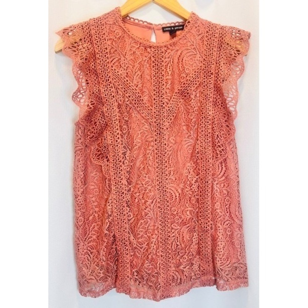 Cottagecore Crochet Lace Cable & Gauge Lace Top Womens Coral Pink Size M